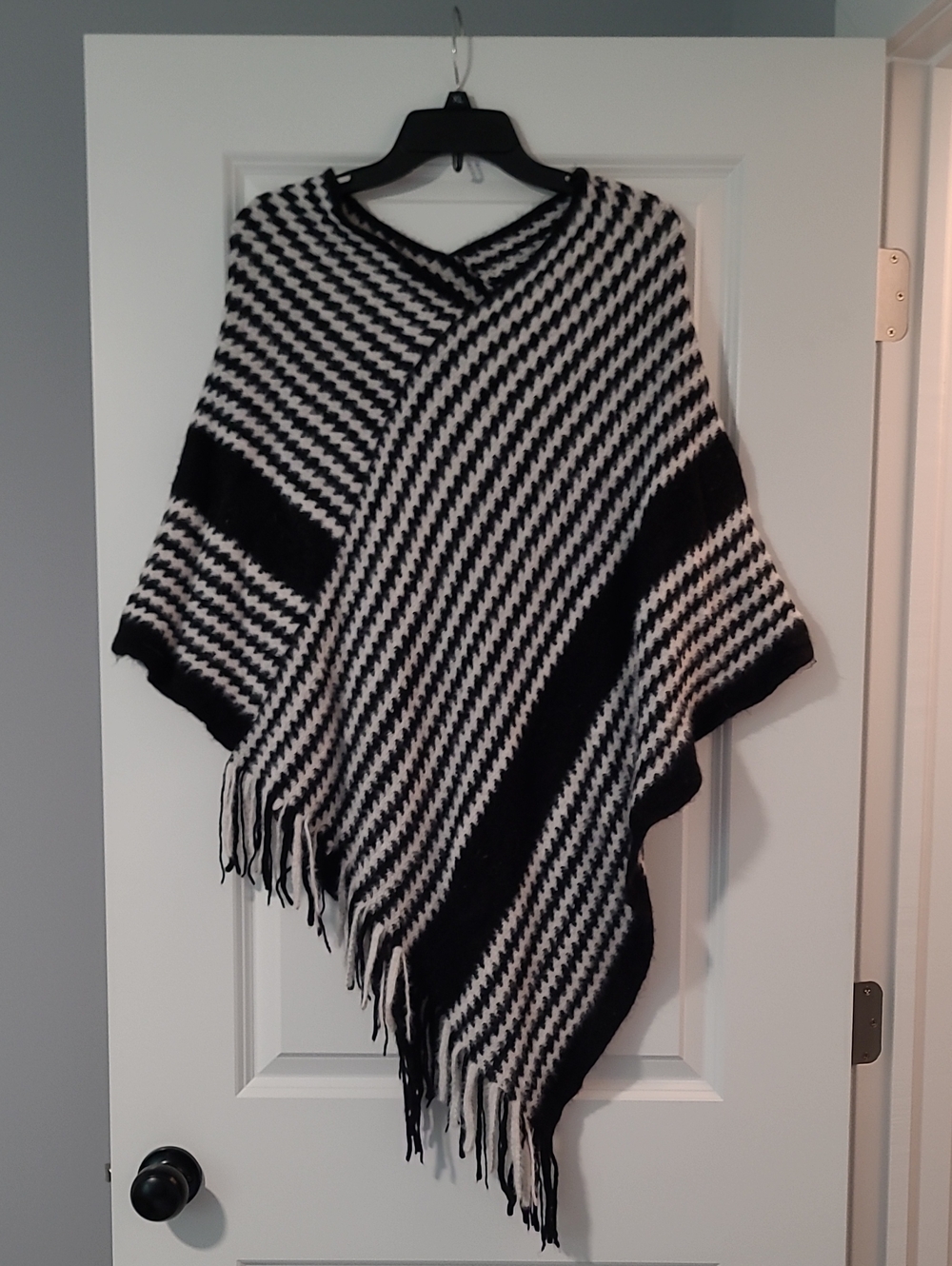 Black and White Striped Fringe Poncho Sweater